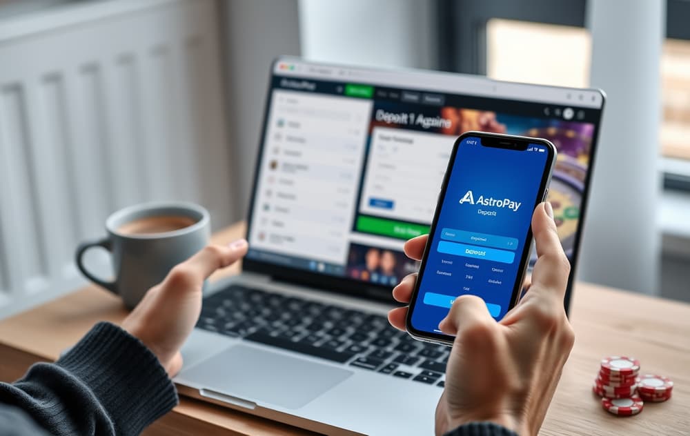 Person med mobil med AstroPay-app og laptop med casino-innskudd