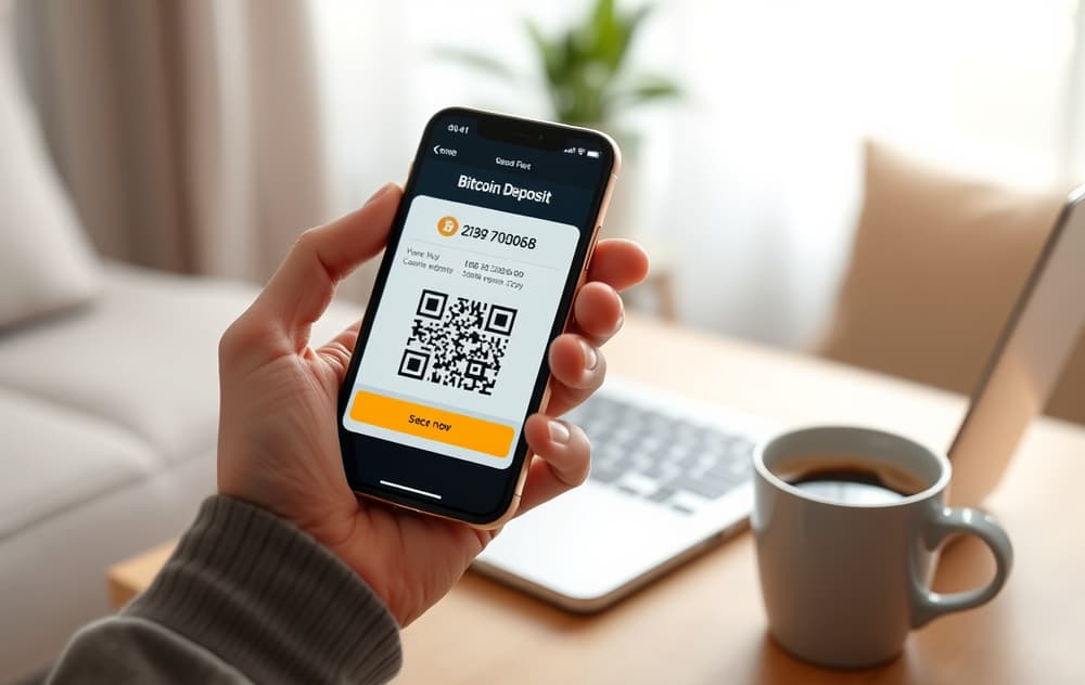 Person som bruker mobilen til å sette inn Bitcoin på et nettcasino