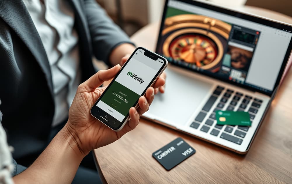 Person med mobiltelefon og laptop, MiFinity-app og casino på skjermen, kredittkort og mynter på bordet.