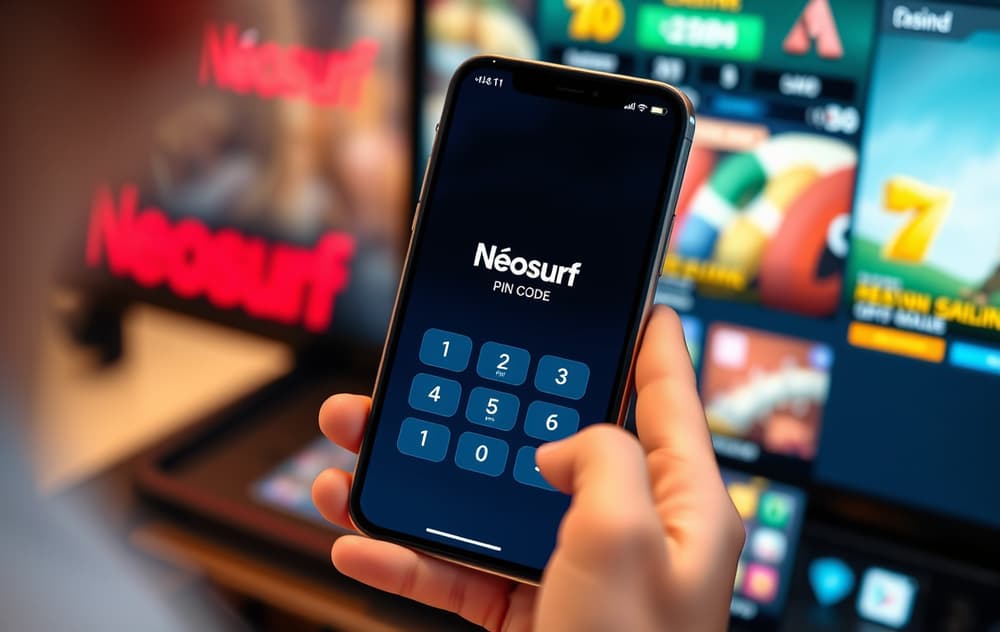 Mobilskjerm med Neosurf PIN-inntasting foran et casino-grensesnitt