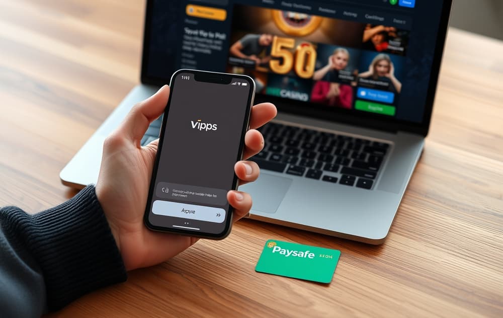 Person med Vipps-app på mobilen og Paysafe-kort på bordet, med casino på laptop i bakgrunnen