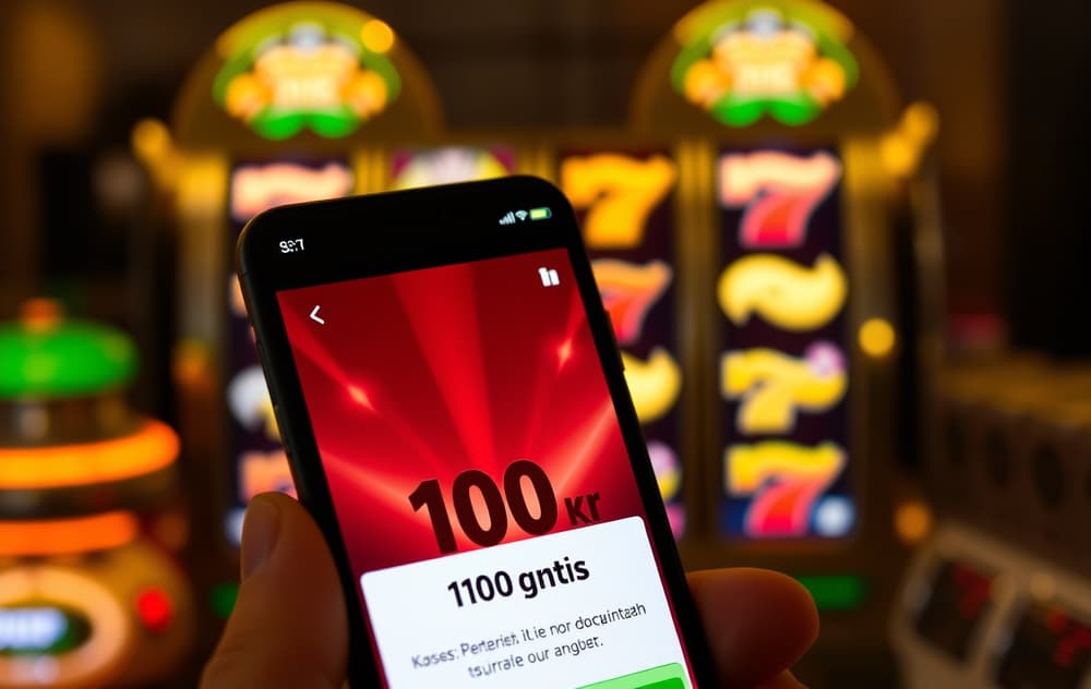 Skjermbilde av mobil med 100 kr gratis casino bonus og spilleautomater i bakgrunnen.