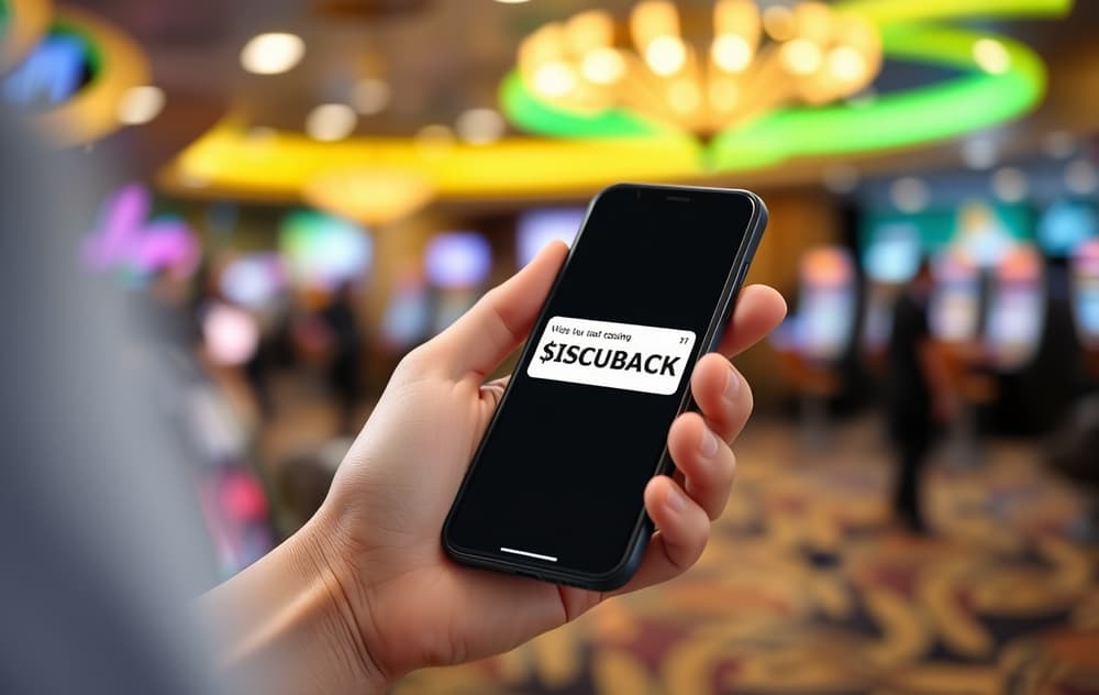 Person med mobilskjerm som viser cashback-notifikasjon foran casino-bakgrunn.