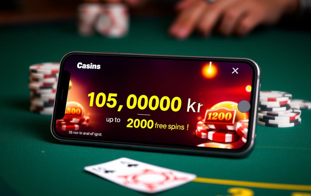 Smarttelefon som viser et casino bonustilbud med freespins og innskuddsbonus