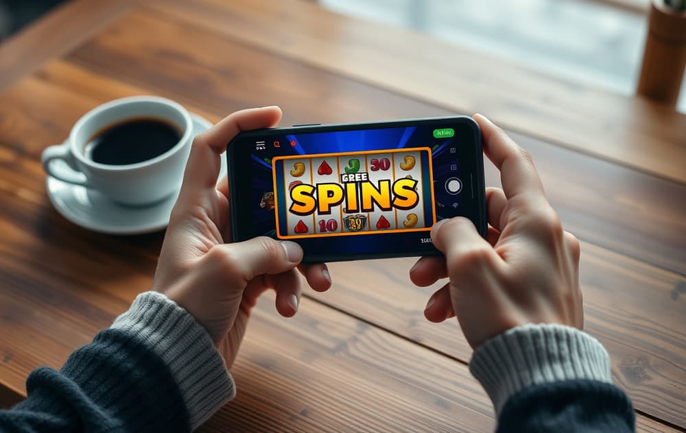Spiller som mottar gratisspinn på mobiltelefon