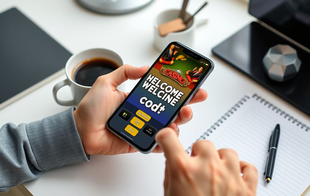 Hånd som holder smarttelefon med velkomstbonus-skjerm, notatbok og kaffekopp på skrivebordet