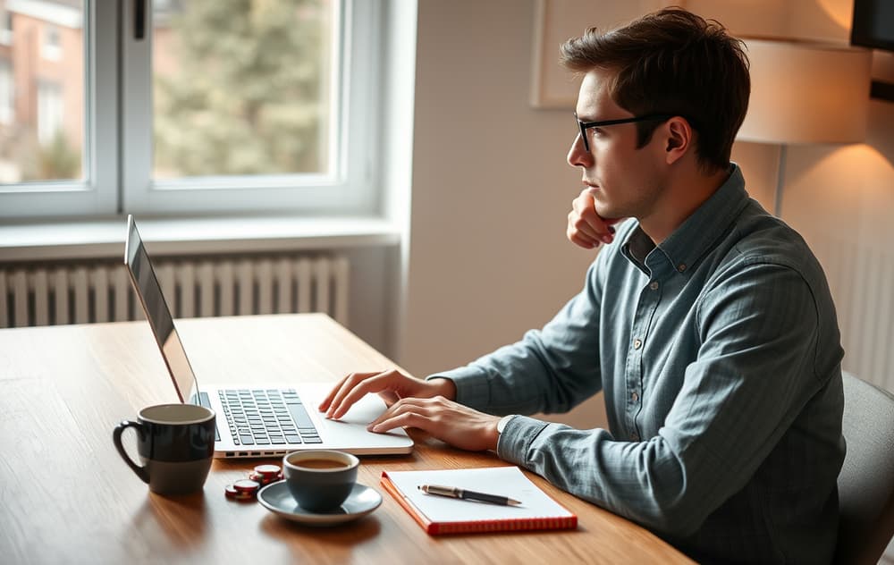 Person som reflekterer over ansvarlig spilling ved en laptop med kaffekopp og notatblokk.