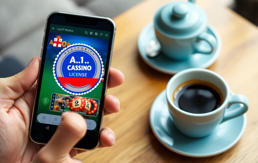 En person holder en smarttelefon med en casino-app som viser MGA-lisenslogo, kaffekopp på bordet, naturlig lys.