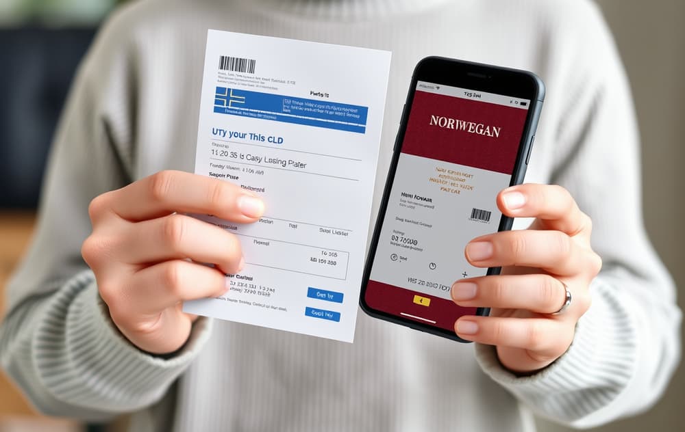 En person holder et norsk pass og en strømregning foran en mobiltelefon som viser en verifiseringsside.