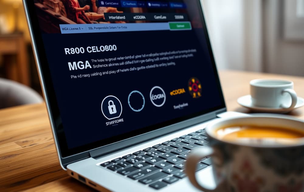 Nærbilde av en bærbar PC med casino footer som viser lisensinformasjon og ansvarlig spilling-sertifiseringer