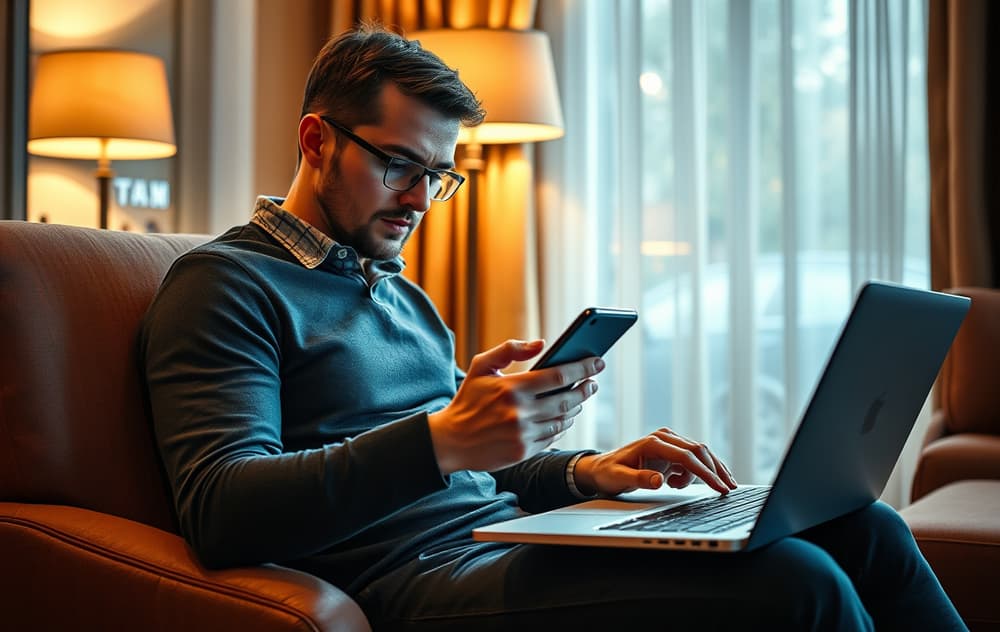 Person som mottar casino-uttak på mobiltelefon, med laptop i bakgrunnen