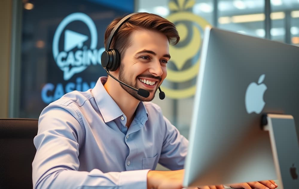 Kundeservicemedarbeider ved datamaskin med headset og chat-boble, casino bakgrunn