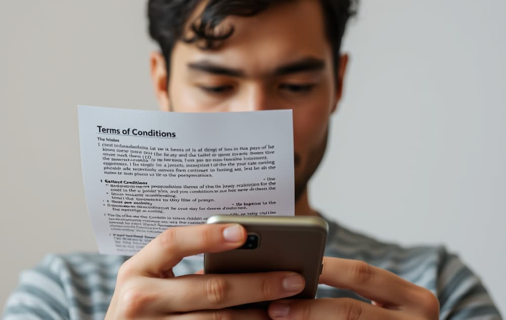 Spiller som leser vilkår på mobiltelefon