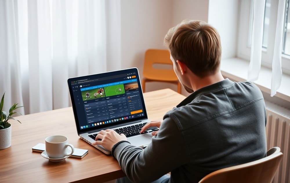 Person som sammenligner odds på to bettingsider på en bærbar PC, med kaffekopp og notatbok på bordet.