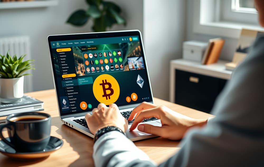 Person som spiller på kryptocasino på laptop med Bitcoin-logo.