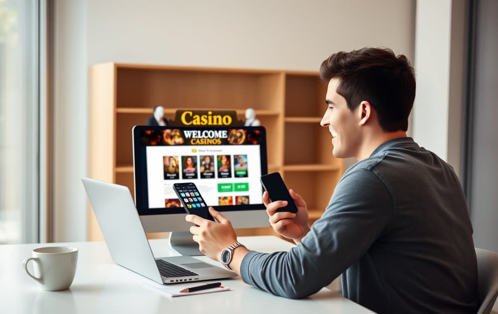 Ung person sitter ved et skrivebord og ser på en gratis casino-bonus på laptop, med mobil i hånden.