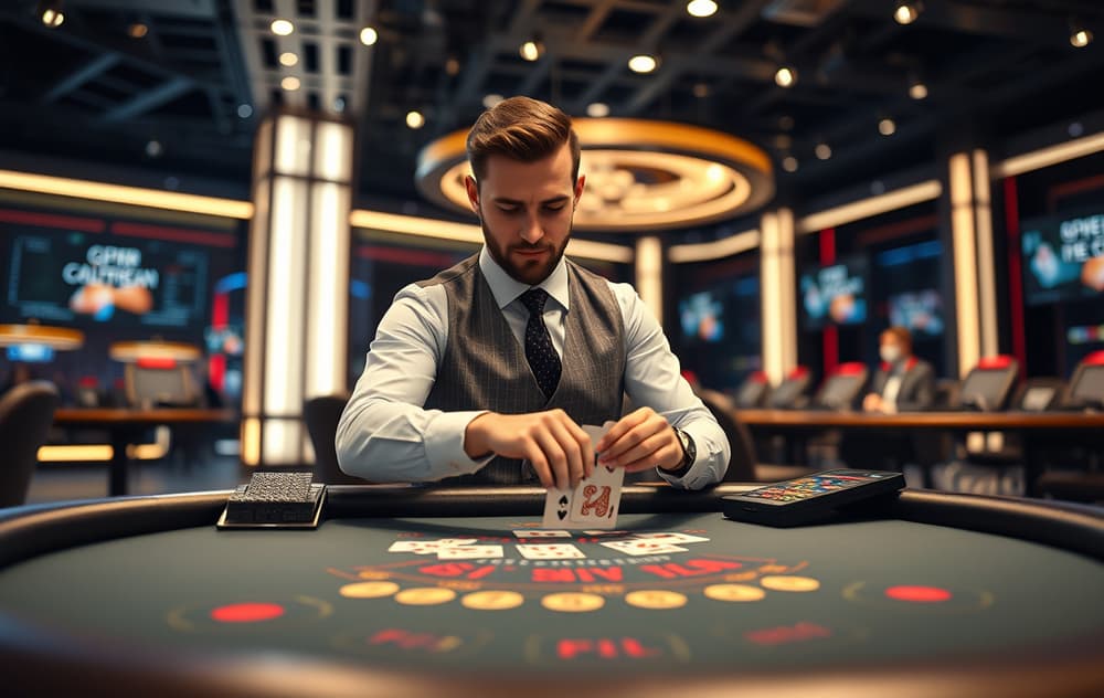 Live dealer ved et blackjack-bord i et moderne studio med HD-kameraer