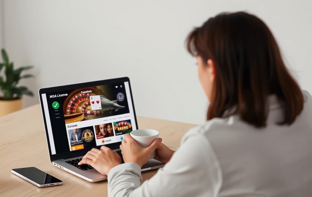 Person som sammenligner to casinoer på laptop med lisensinformasjon synlig