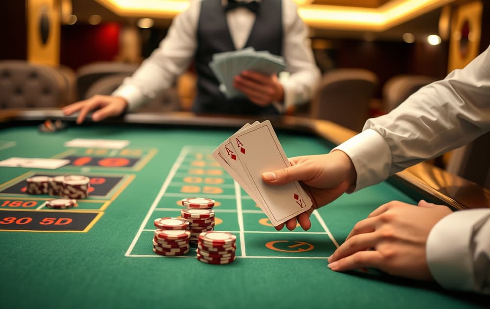 Live baccarat-bord med dealer og spillere, grønt filt og sjetonger