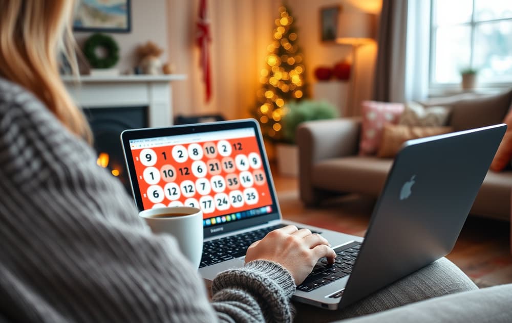 Person som spiller bingo på nett i en koselig norsk stue