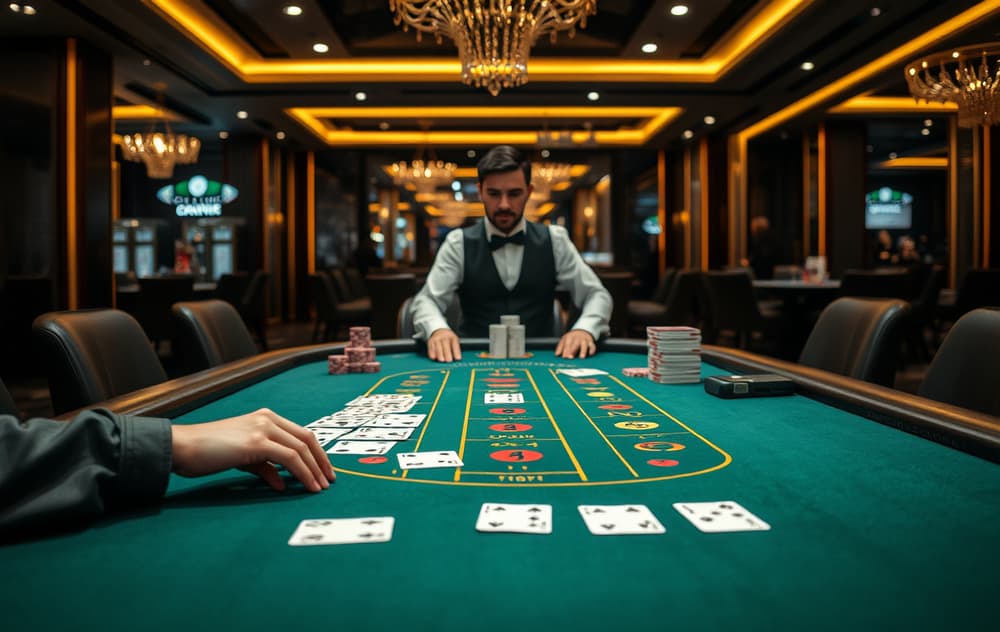 Live dealer blackjack-bord med kort og sjetonger i et moderne casino