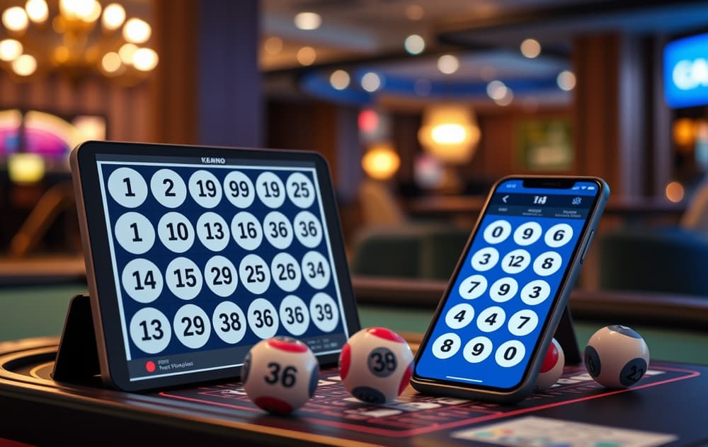 Keno-brett med nummererte kuler og mobiltelefon som viser resultat, moderne casino-miljø