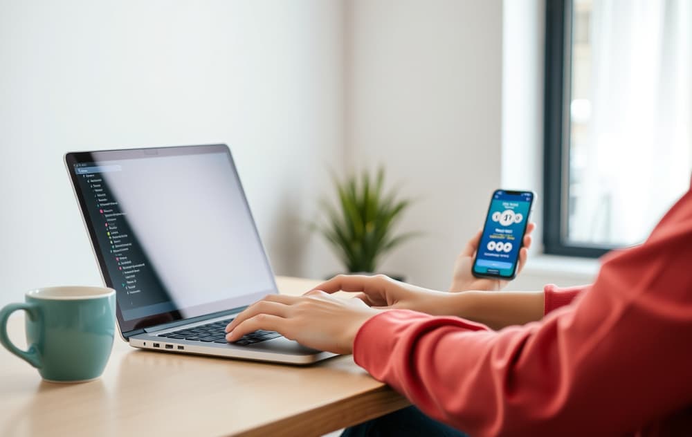 En person spiller lotto på nett via laptop og mobil, med kaffekopp på bordet