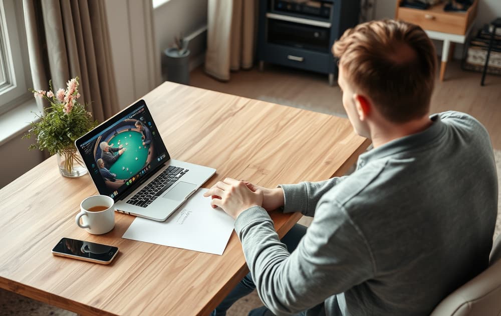 Person som spiller poker på nett på laptop med kaffekopp og mobiltelefon