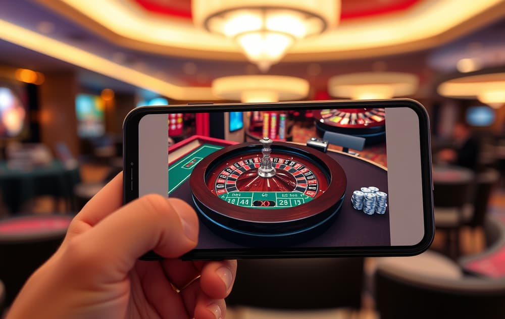 Mobilskjerm som viser live rulett med ekte croupier, hjul og innsatsbord.