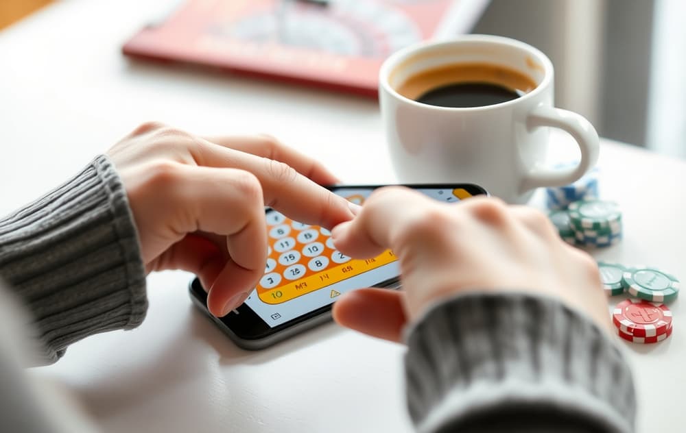 Person som skraper digitalt skrapelodd på mobiltelefon.